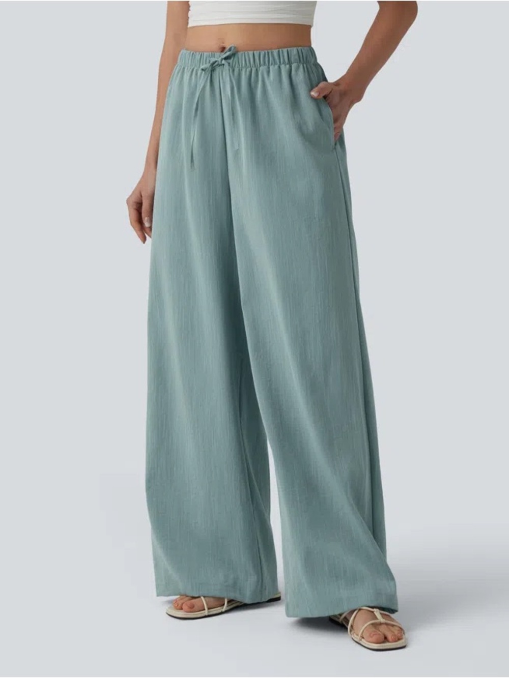 Halara NWT Mid Rise Drawstring Wide Leg Lounge Pant Pockets Sage Womens XL Tall